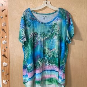 Coral Bay EUC Green Tropical Leaf Print Top Women’s Size XL